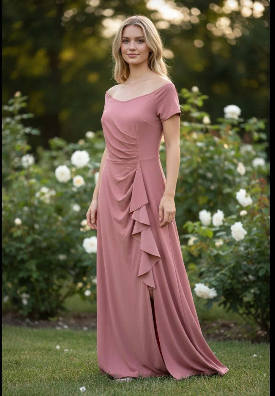 NWT AISIZE Cinnamon Pink Off Shoulder Cascading Ruffle Mermaid Evening Gown